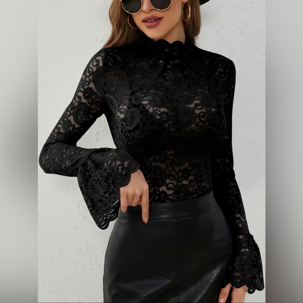 Gothic Romance Mock Neck Sheer Lace Bell Sleeve Large Top Whimsigoth Night Out
